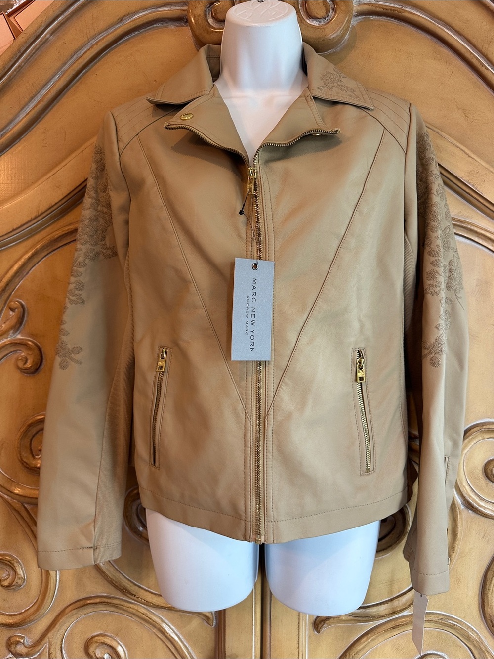 Marc New York Beige Leather Zip-Front Jacket with Embroidered Sleeves